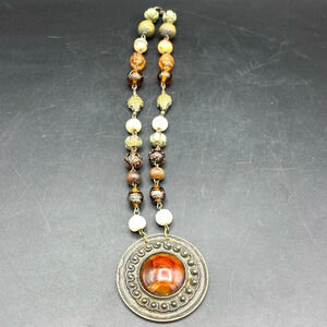 Necklace‎ Amber Orange Circle Pendant Bead Gold Tone Necklace